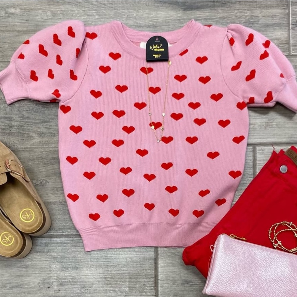 Lizette Collection Charming Pink Heart Pattern short sleeve Sweater S
